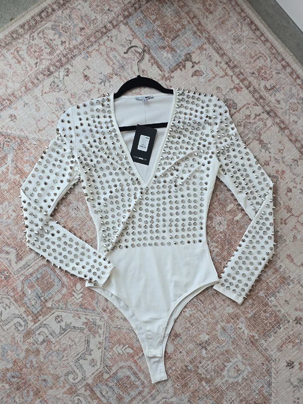 Fashion Nova White Studded Deep V Long-Sleeve Bodysuit